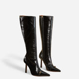 Knee High Pointy Toe Boots Black High Gloss Angle