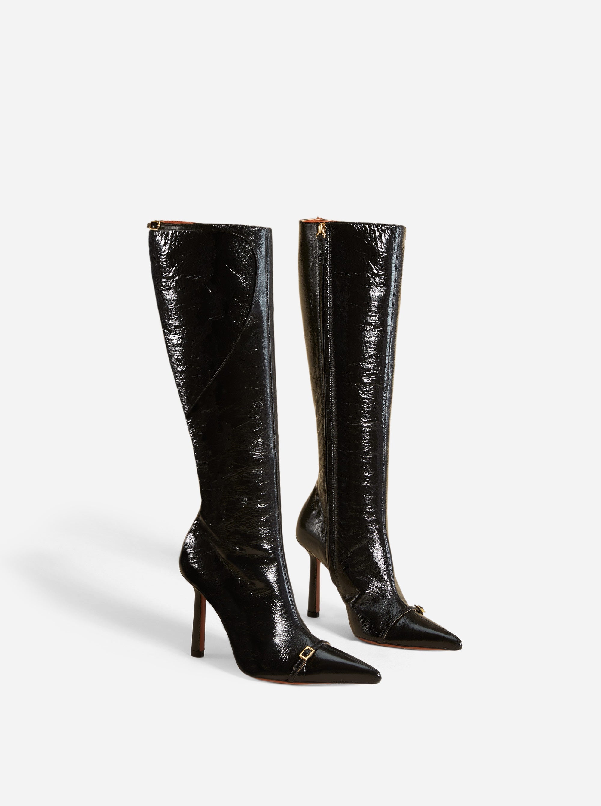 Knee High Pointy Toe Boots Black High Gloss Angle