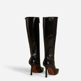 Knee High Pointy Toe Boots Black High Gloss Back