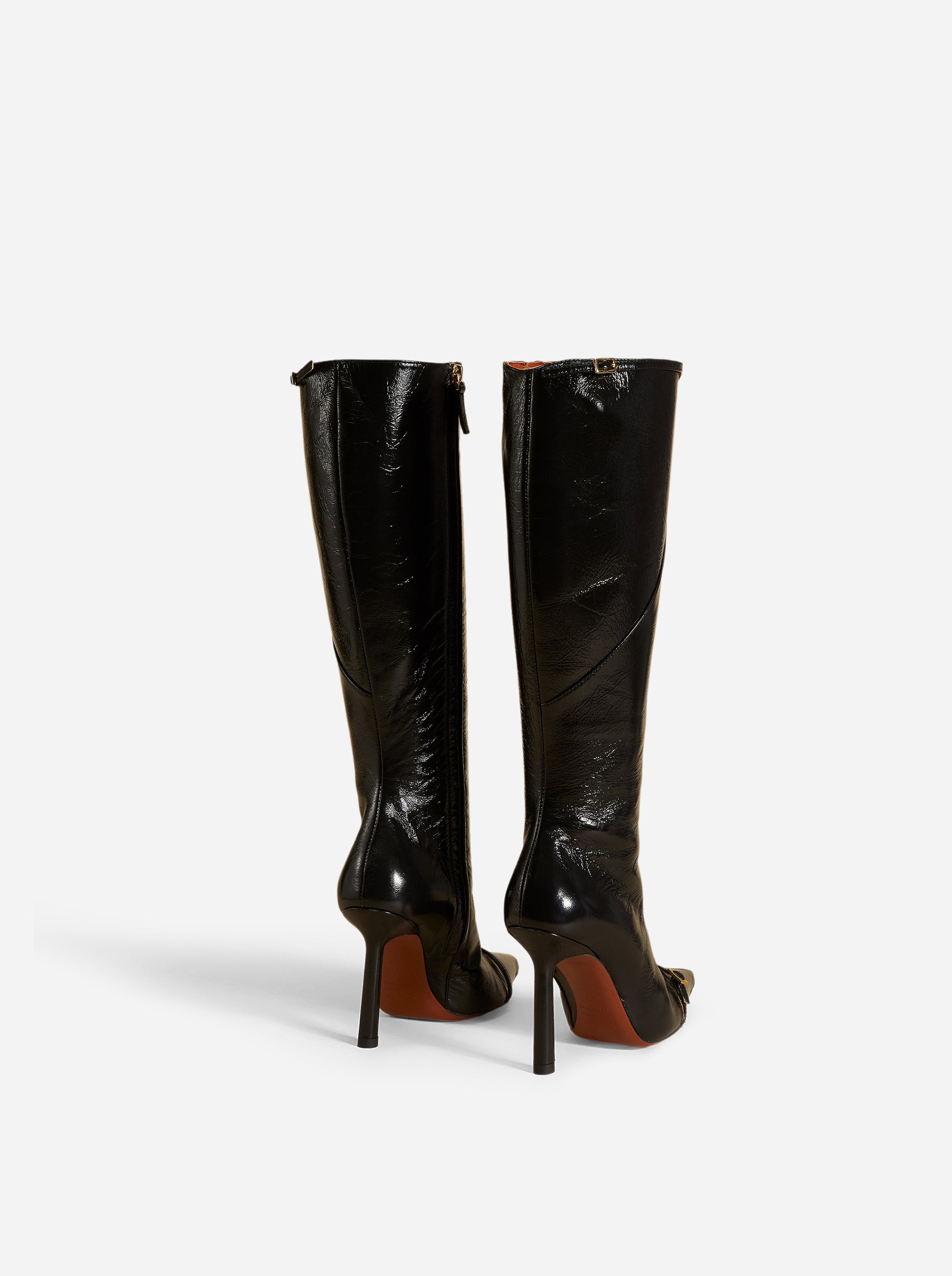 Knee High Pointy Toe Boots Black High Gloss Back