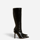 Knee High Pointy Toe Boots Black High Gloss Side