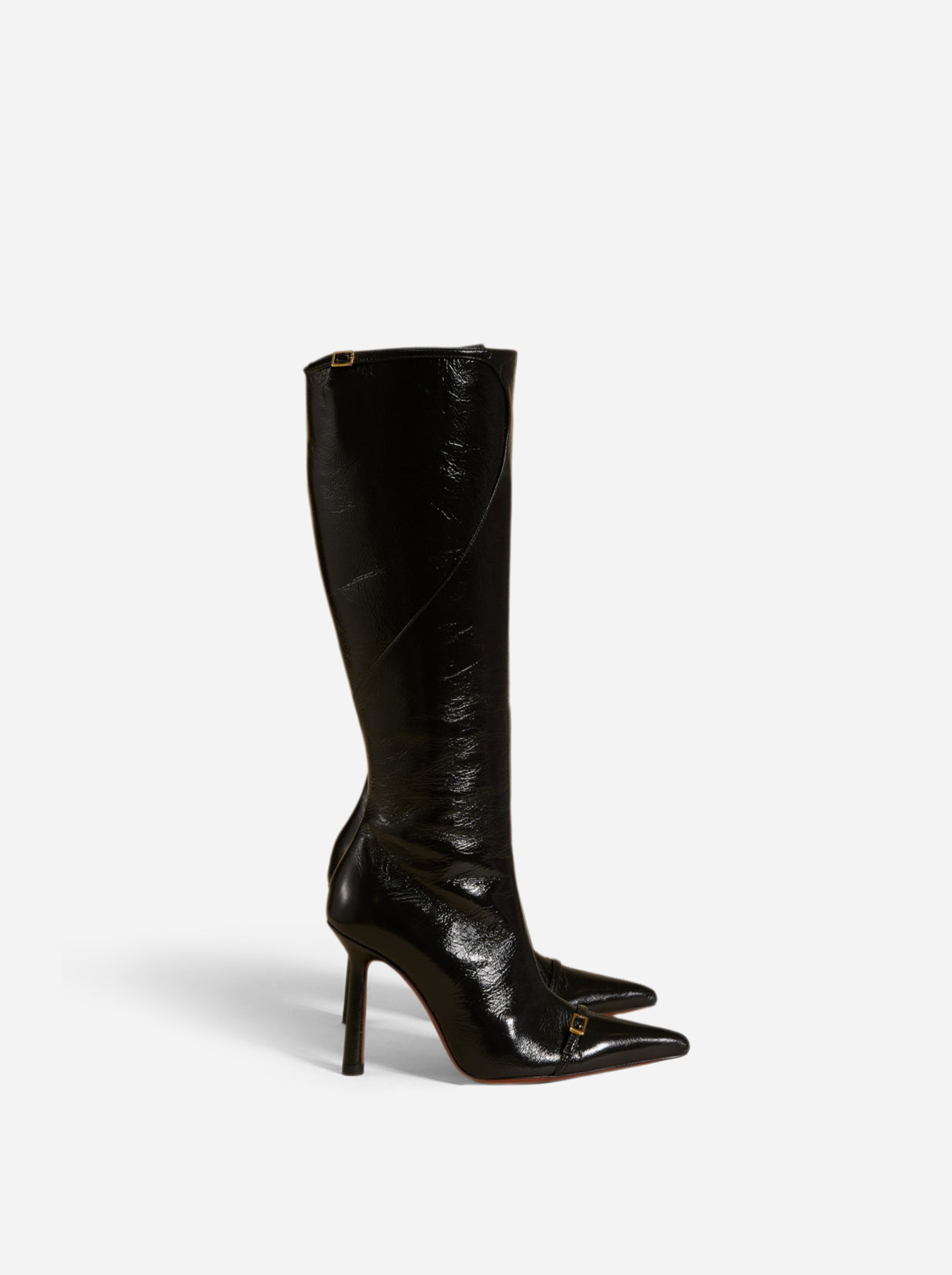 Knee High Pointy Toe Boots Black High Gloss Side