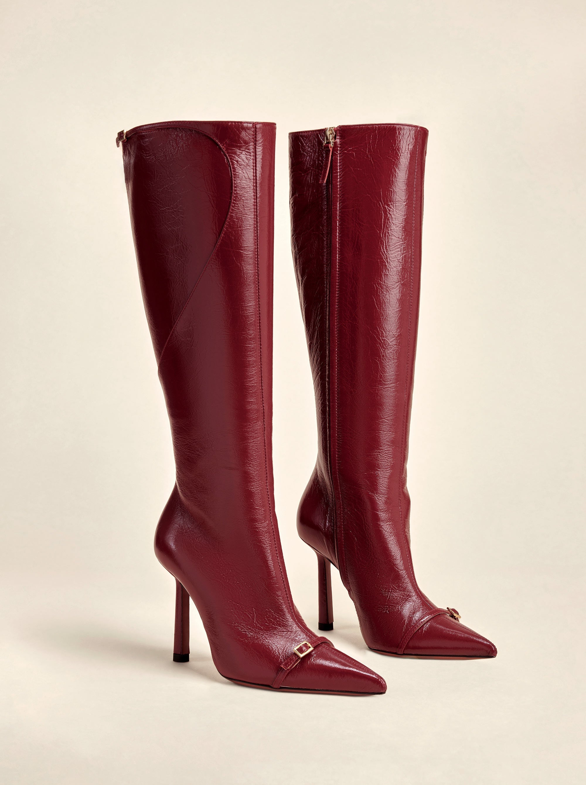 Knee High Pointy Toe Boots Rusty Red High Gloss