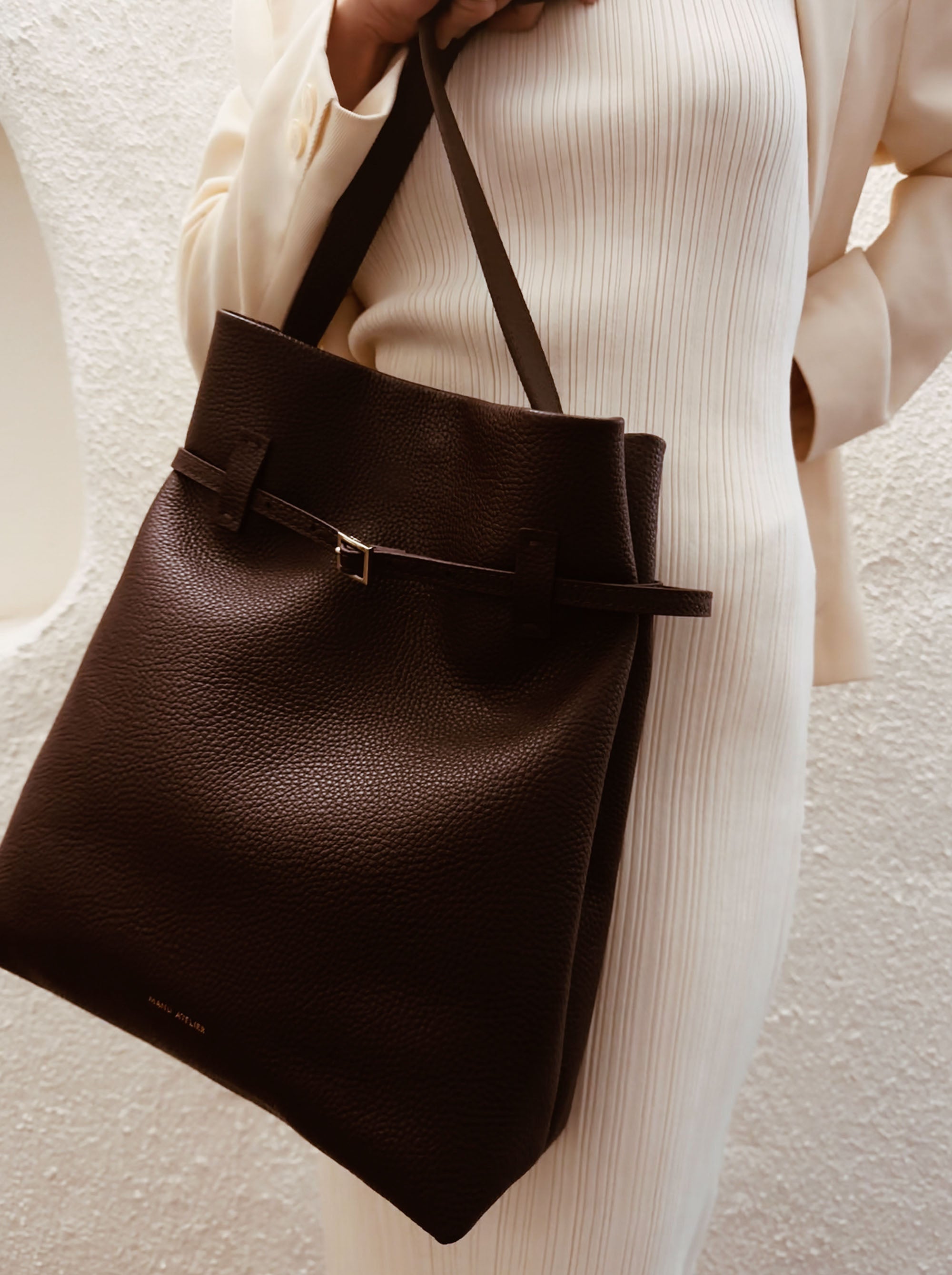 Tote Du Jour Calf Skin Leather Deep Brown in a lifestyle shot
