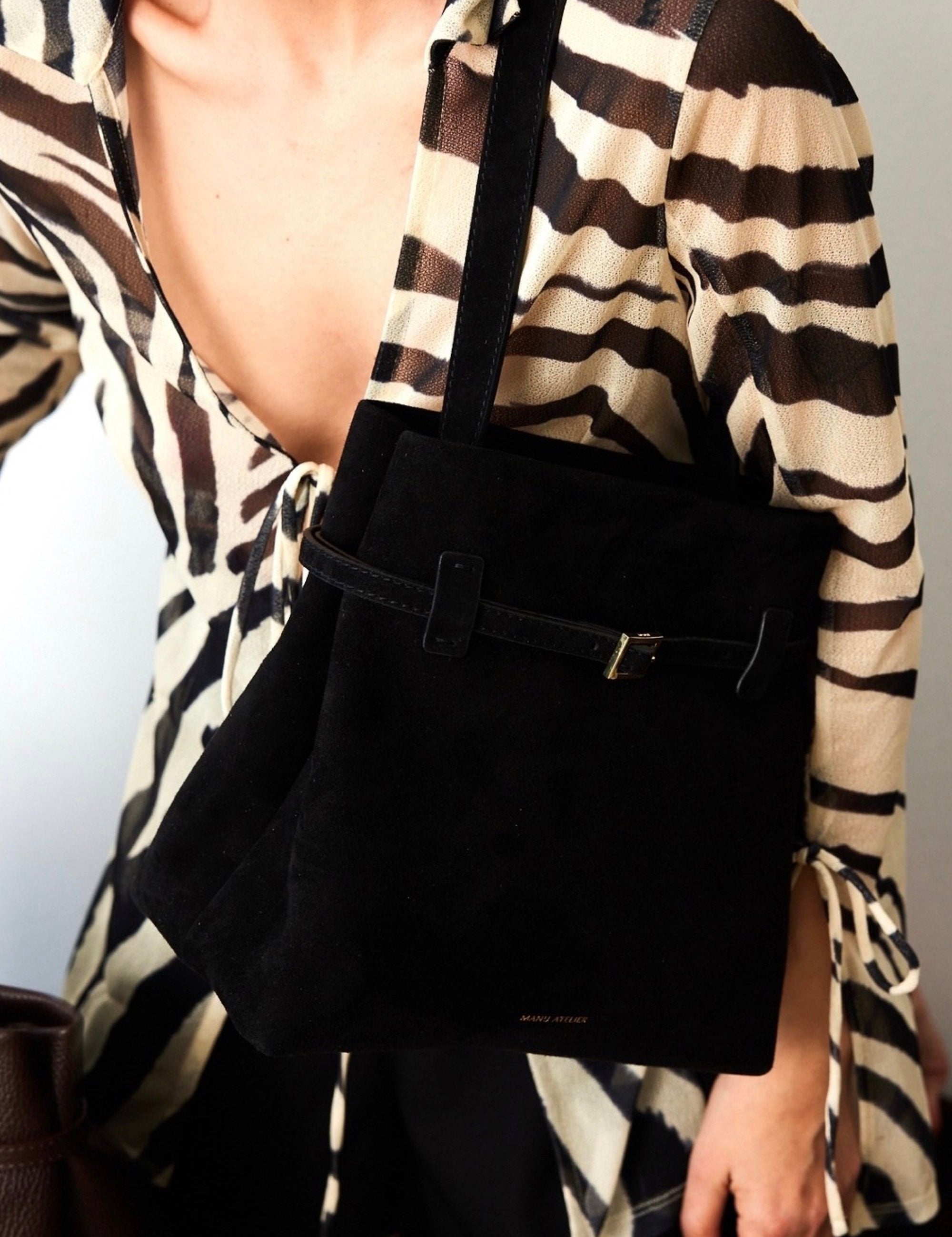 Mini Tote du Jour Black Suede with a model
