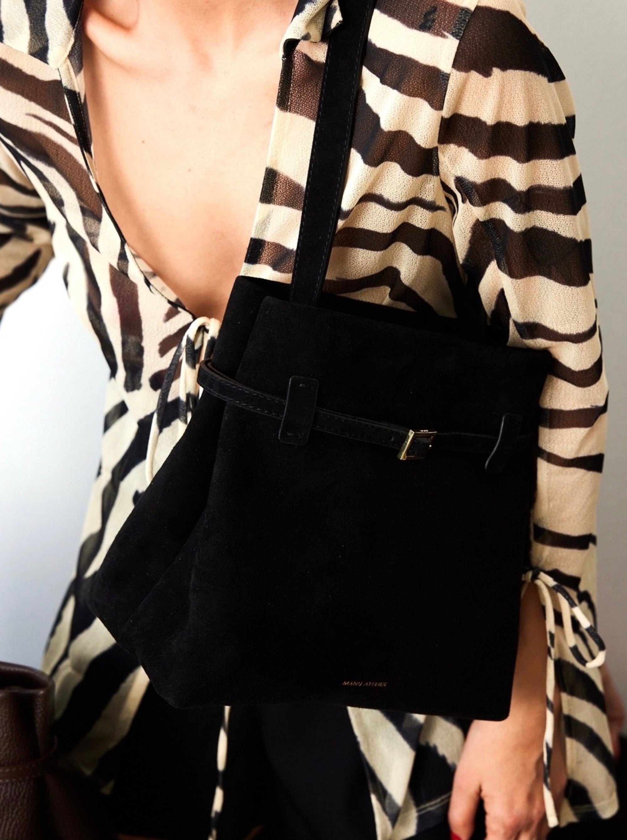 Mini Tote du Jour Black Suede with a model