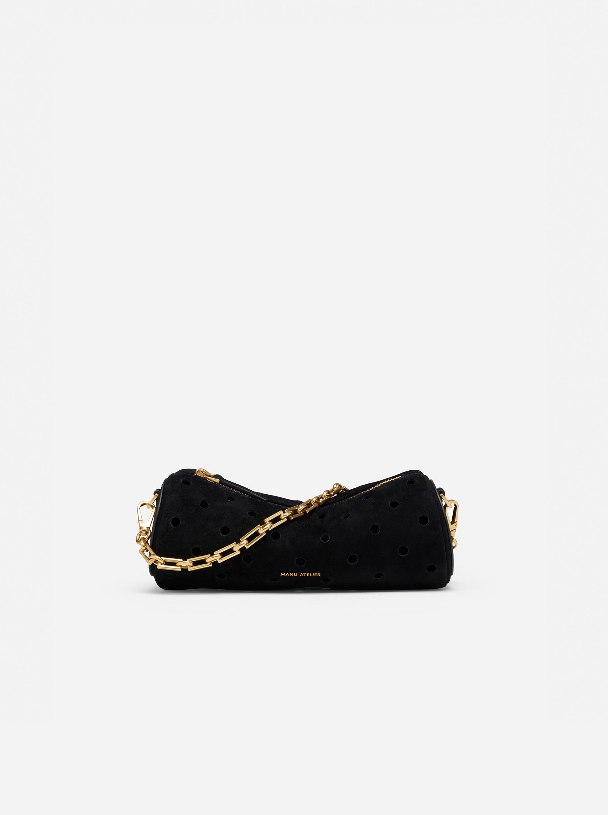 Mini Cylinder Perforated Black Suede Front