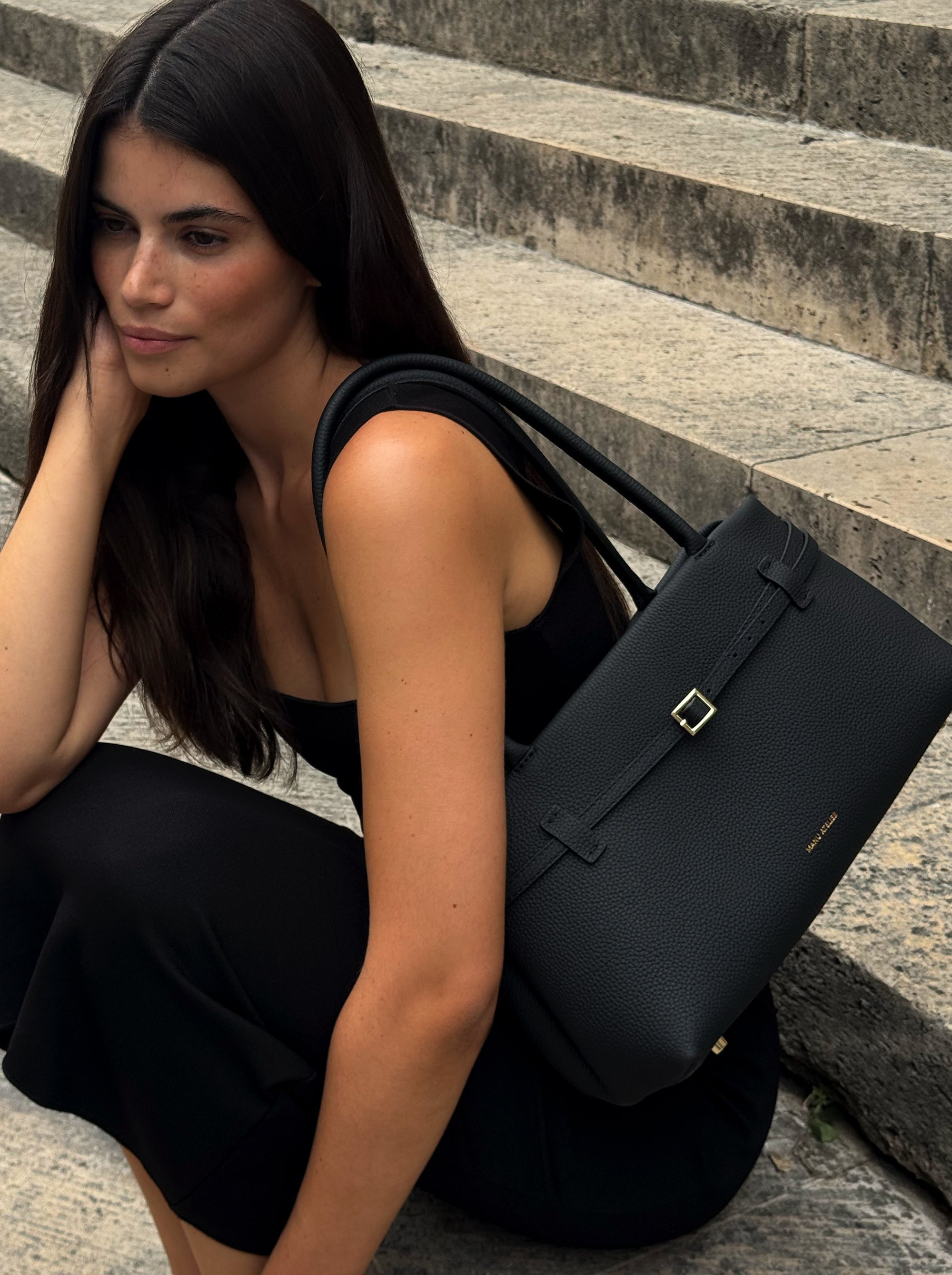 Le Cambon East West Black Calf Skin Front On Model