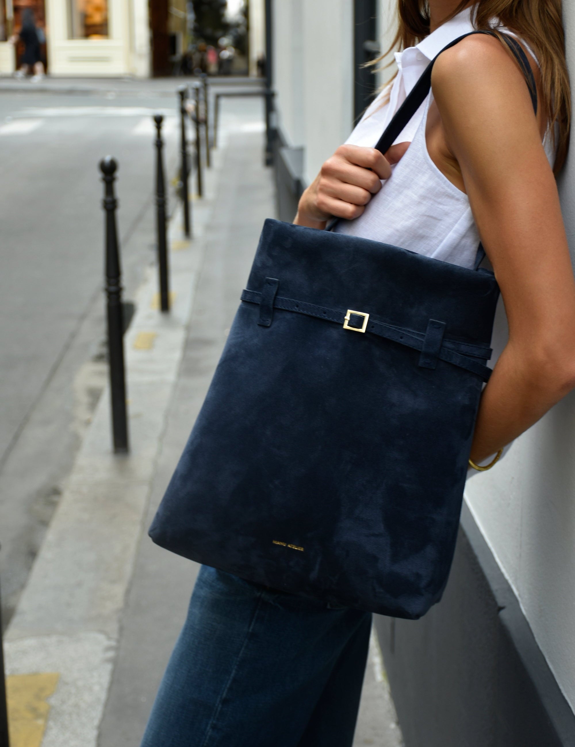 Tote du Jour Dark Navy Suede On Model