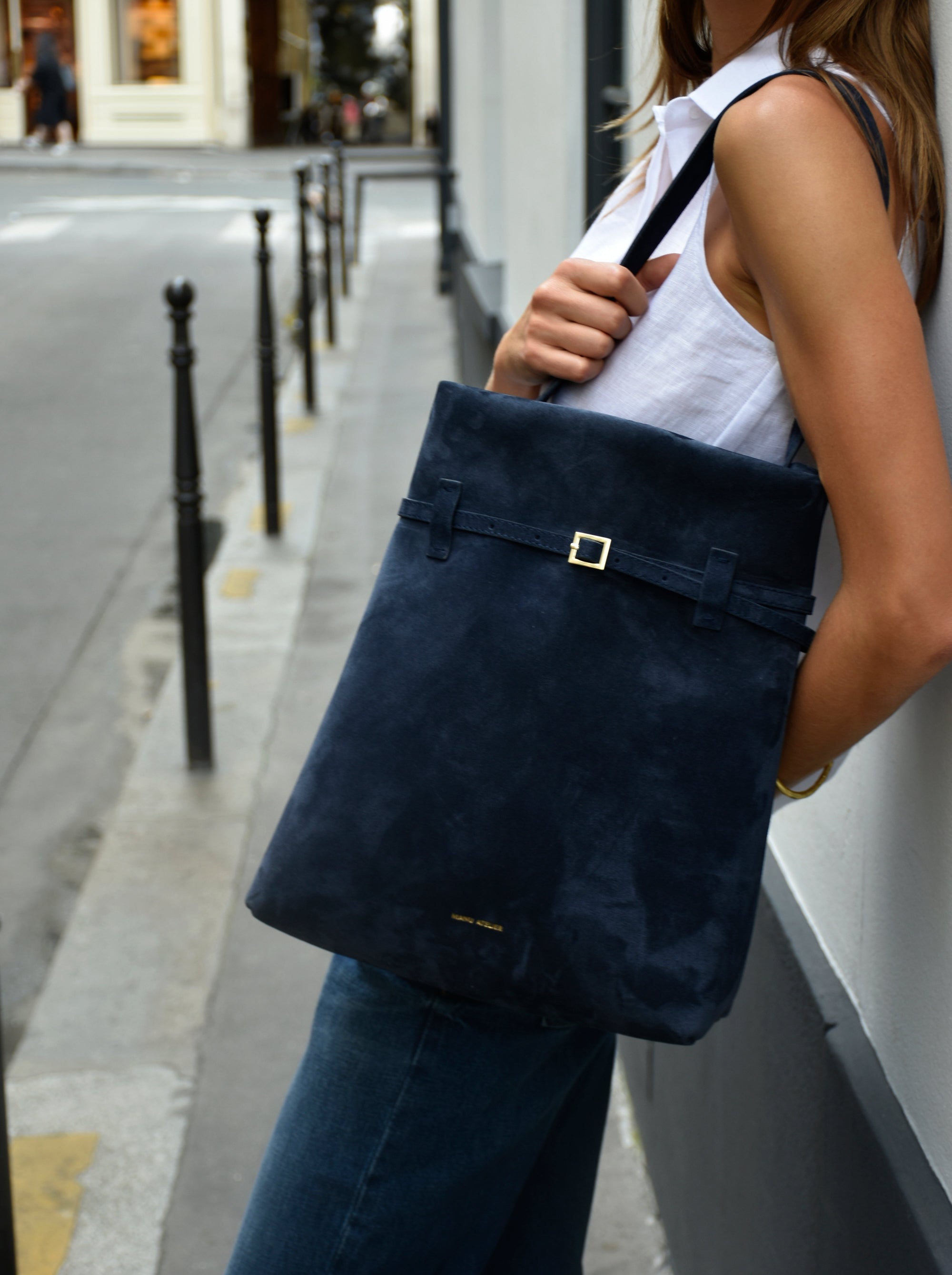 Tote du Jour Dark Navy Suede On Model