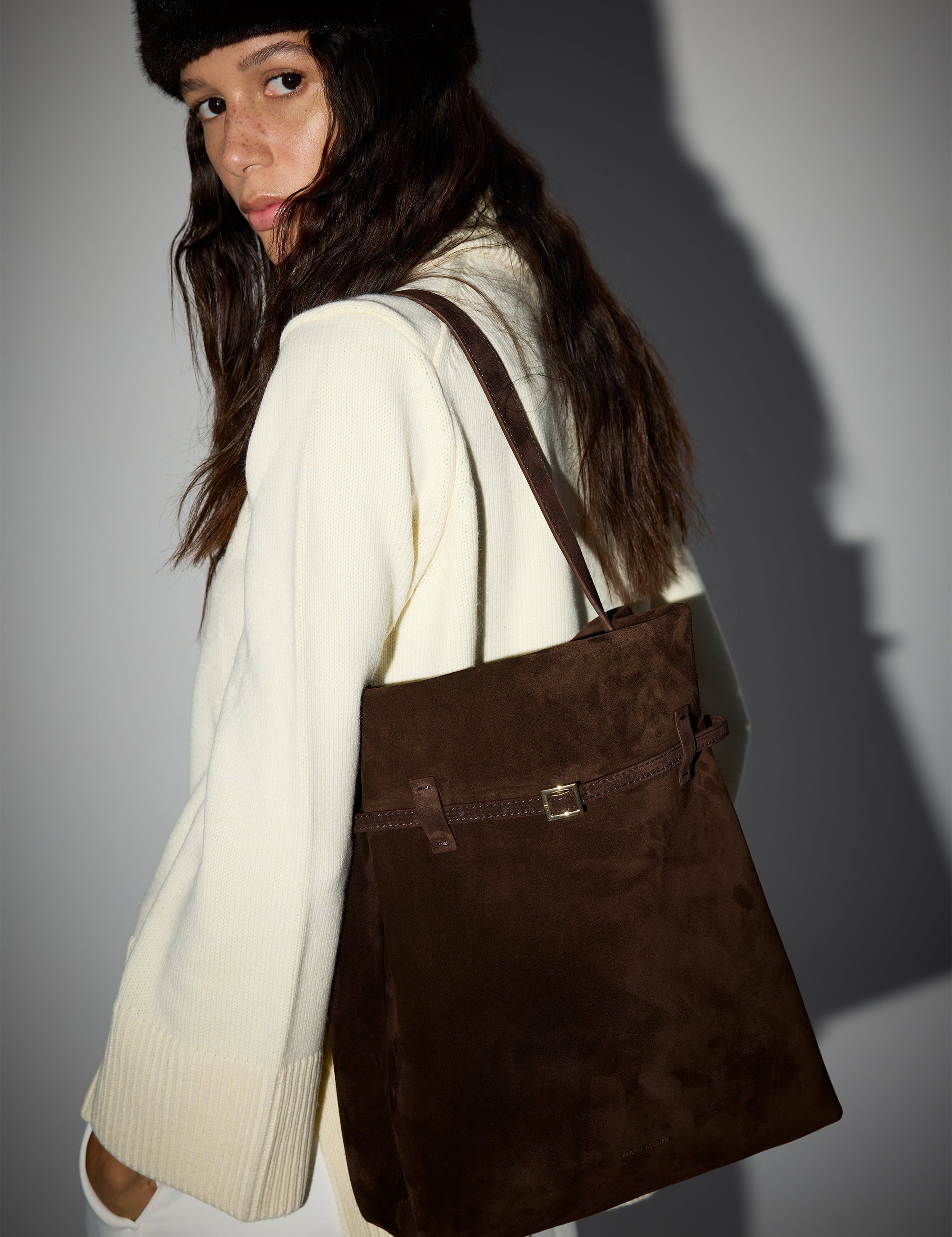 Tote du Jour Deep Brown Suede On Model