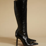 Knee High Pointy Toe Boots Black High Gloss Side