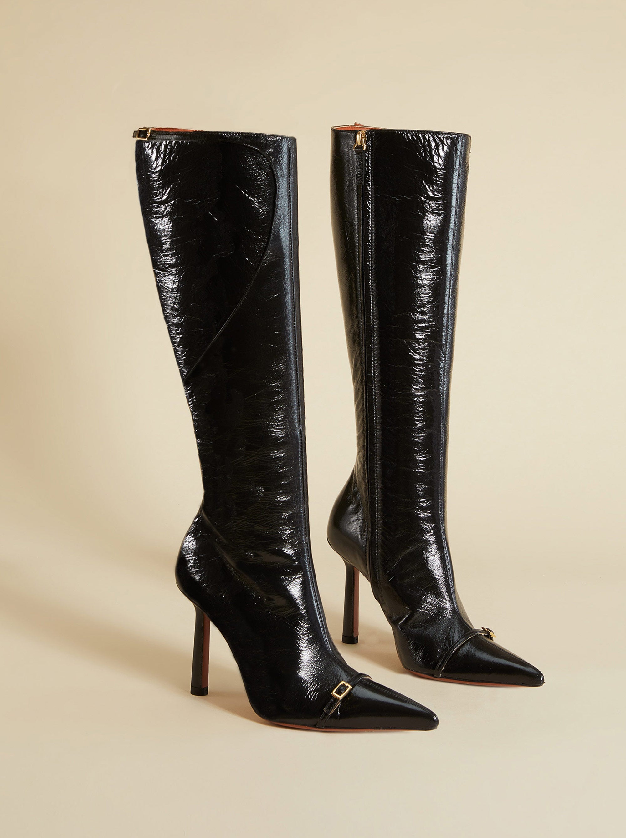 Knee High Pointy Toe Boots Black High Gloss